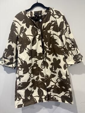 New York & Company Ivory Brown Floral 3/4 Sleeve Snap Front Jacket Coat Size XL